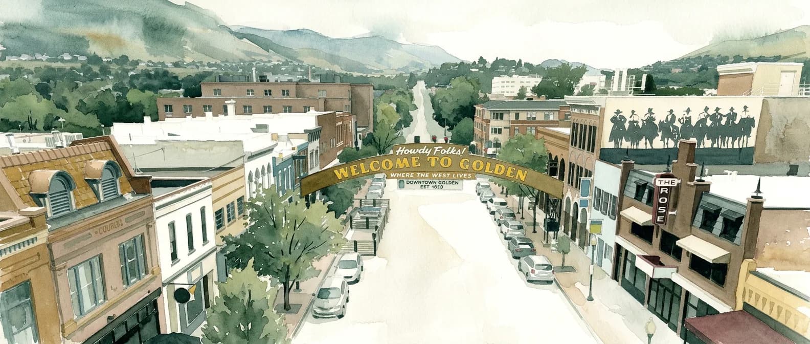 Washington Avenue in downtown Golden, Colorado, under the Welcome to Golden arch — watercolour